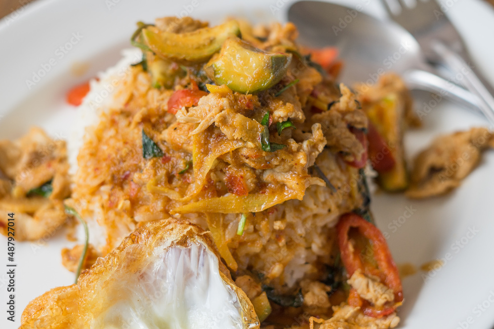 Stir Fried Pork in Red Curry Paste with Rice and Fried Egg - Local Asian Food Stir Fried Pork in Red Curry Paste with Rice and Fried Egg - Local Asian Food