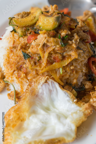 Stir Fried Pork in Red Curry Paste with Rice and Fried Egg - Local Asian Food