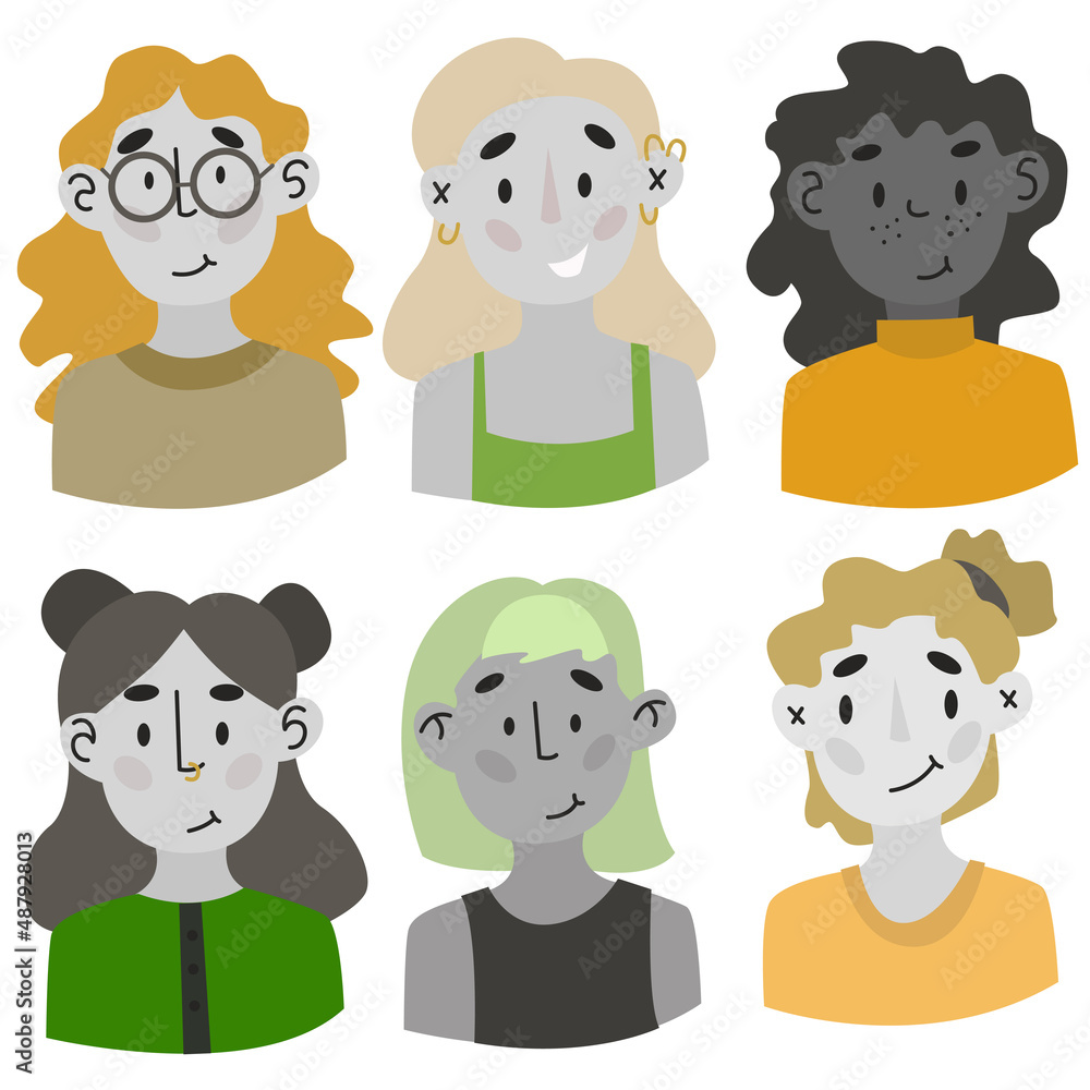 Group of diverse young women. People with various nationality and hairstyle. Collection of vector portraits. Society or population, social diversity. Cartoon characters. Vector illustration. Group of diverse young women. People with various nationality and hairstyle. Collection of vector portraits. Society or population, social diversity. Cartoon characters. Vector illustration.