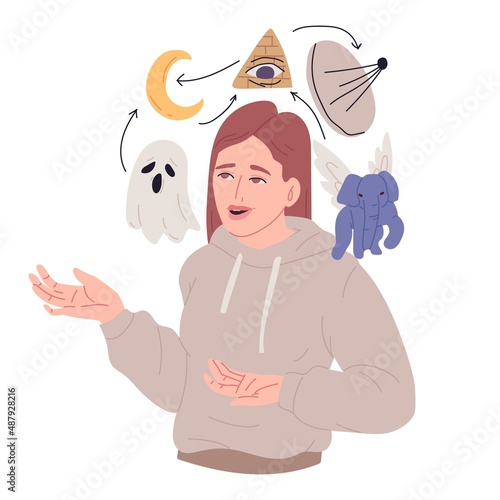 The woman talks, jumping from topic to topic. Symptom of schizophrenia: disorganized thinking. Conceptual illustration of a mental disorder. Flat cartoon picture.
