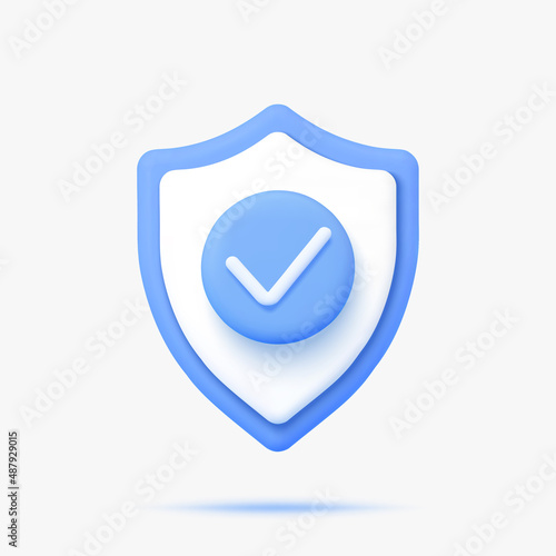 Shield with "ok" icon 3d vector icon. Isolated on white.