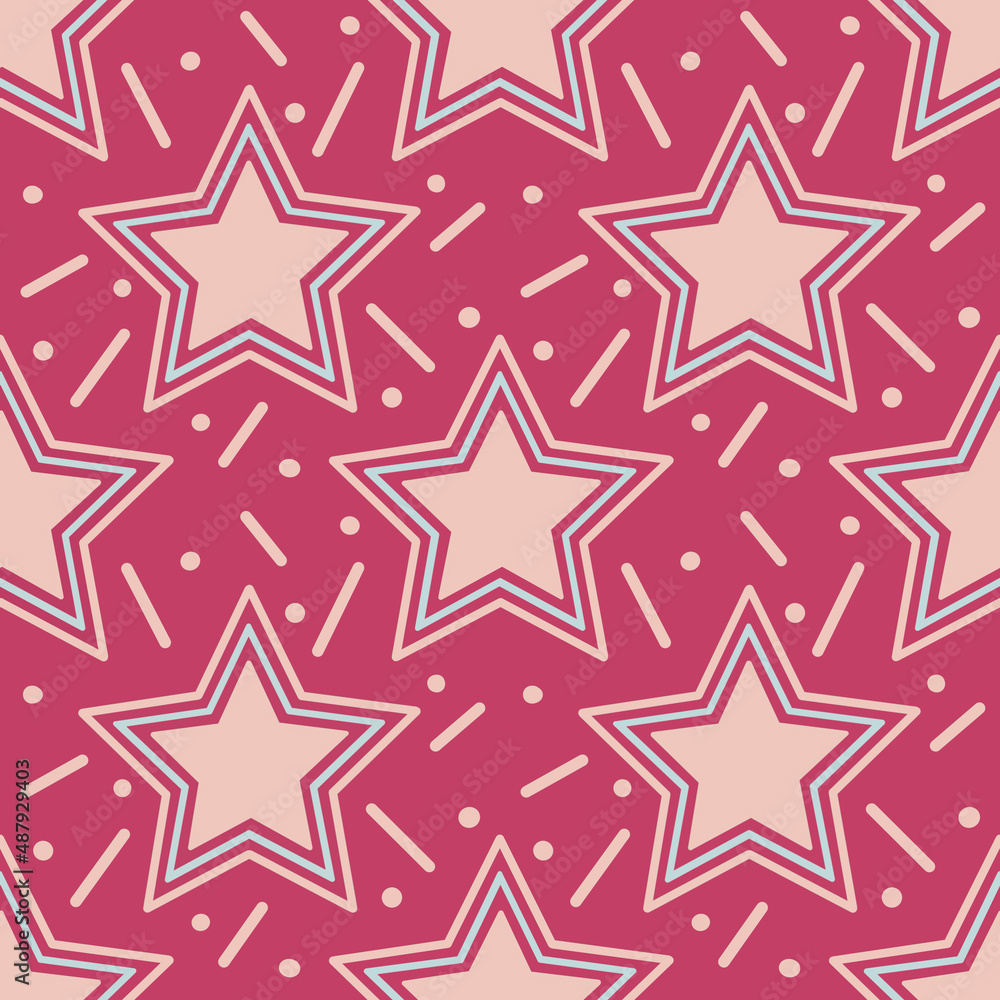 Fototapeta premium Pink stars seamless pattern. Bright and colorful fabric texture. Holiday wrapping paper. Kids wallpaper design