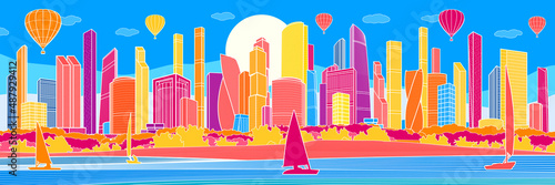 Colorful bright embankment cityscape sketch. Balloons are flying over town. Color modern city. Boats on the water. Infrastructure outlines illustration. Vector design art