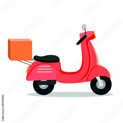 Red retro moped carries parcels. Vector Stock illustration. White background. Isolated. Transportation of goods. Vehicle. Logistics.