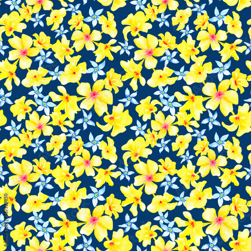 Watercolor ditsy print on a blue background, seamless floral pattern of yellow and blue flowers 