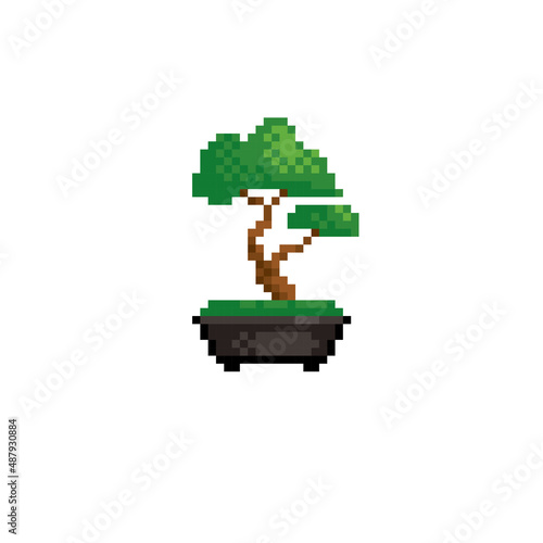 Bonsai tree japan pixel art icon. Element design for logo, stickers, web, embroidery and mobile app. Isolated vector illustration. 8-bit sprite.