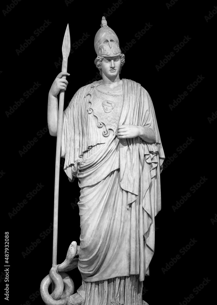 Obraz premium Ancient Greek Roman statue of goddess Athena god of wisdom and the arts historical sculpture isolated on black with clipping path