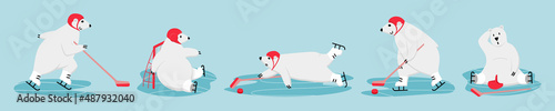 Polar bear ice hockey training. Funny cartoon winter sport mascot