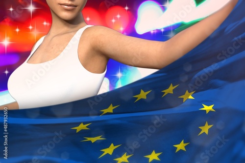 young lady holds European Union flag in front on the party lights - flag concept 3d illustration