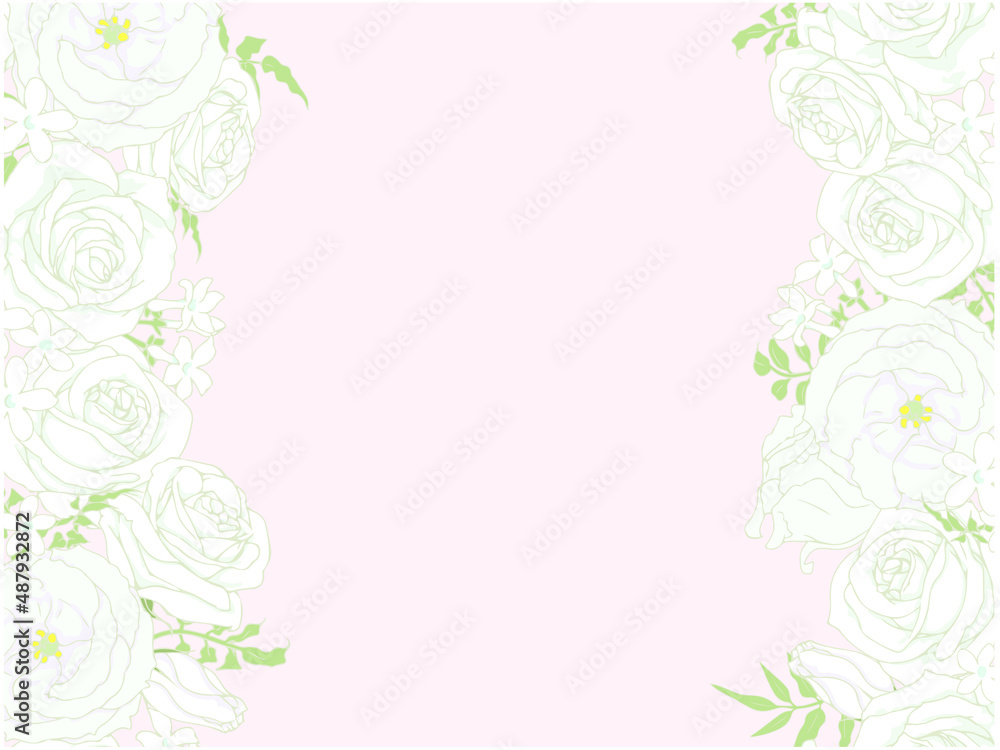 薔薇とトルコキキョウとジャスミンのフレーム③左右_ピンク色背景