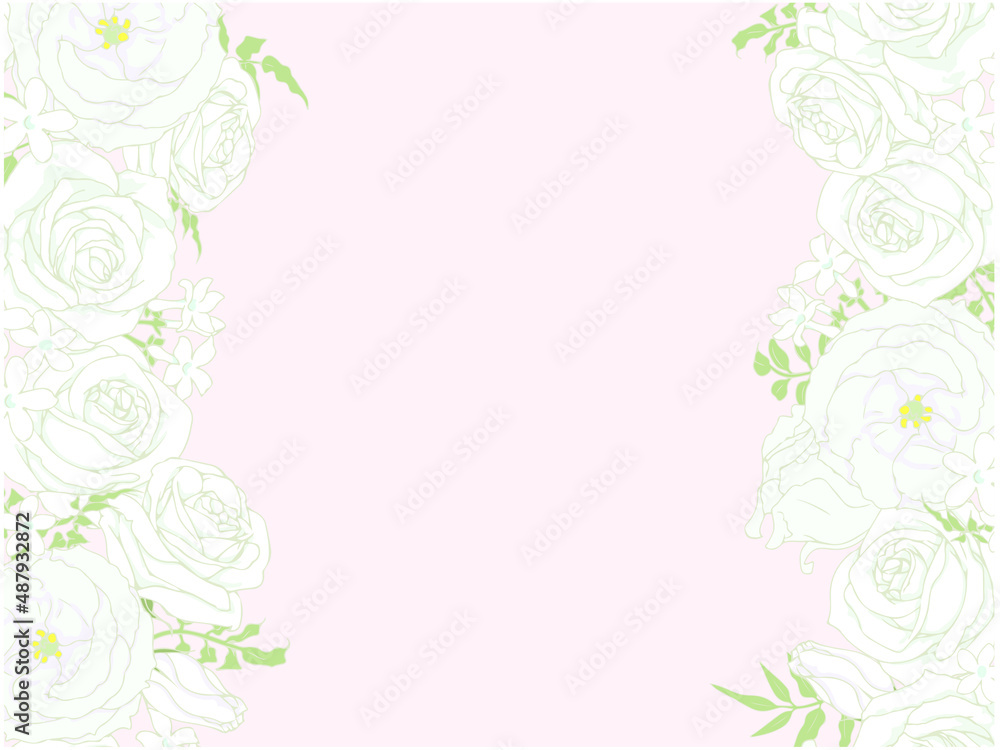 薔薇とトルコキキョウとジャスミンのフレーム③左右_ピンク色背景 薔薇とトルコキキョウとジャスミンのフレーム③左右_ピンク色背景