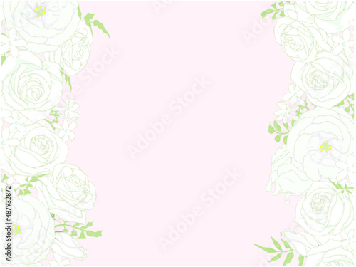 薔薇とトルコキキョウとジャスミンのフレーム③左右_ピンク色背景