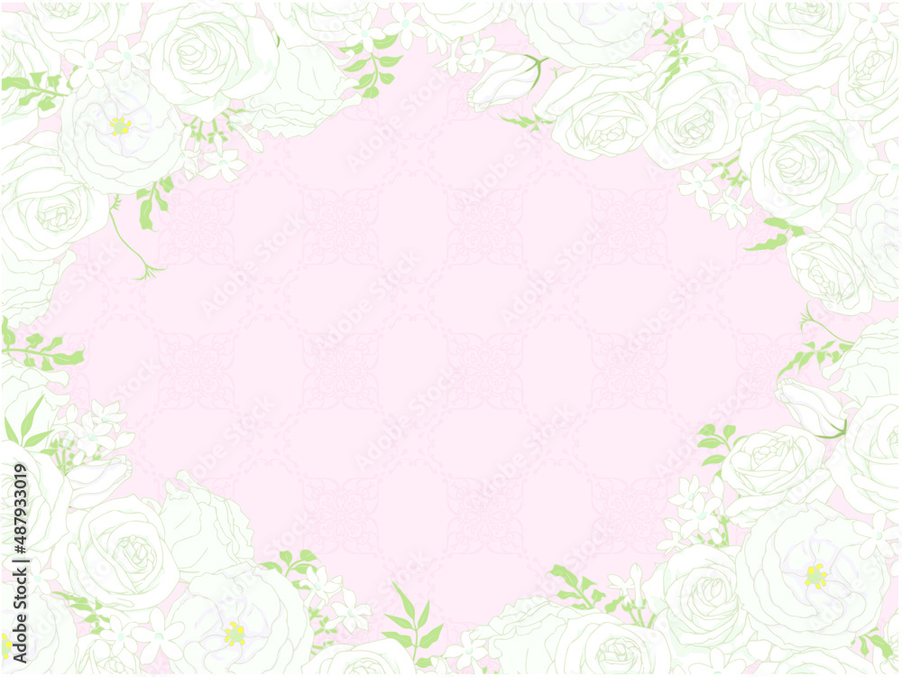 Naklejka premium 薔薇とトルコキキョウとジャスミンのフレーム④四隅_アンティーク風背景