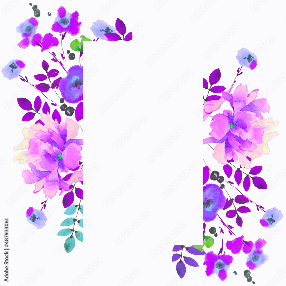 Floral template with watercolor flowers and leaves. Illustration for card, banner or brochure. 