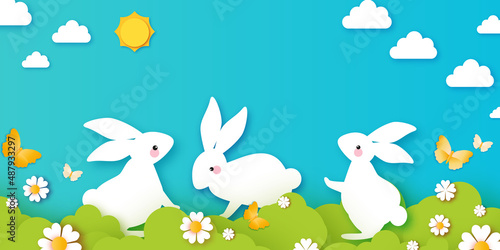 Happy Easter Day design greetings card with Cute white rabbits in paper cut style. Bunny with flowers and butterfly. Spring holidays in modern style. Easter Egg Hunt with egg hunt. Spring scene.