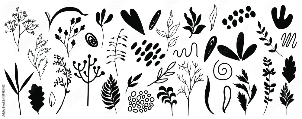 Obraz premium Organic shapes, plants, spots, lines, dots. Vector set of minimal trendy abstract hand drawn isolated elements for graphic design