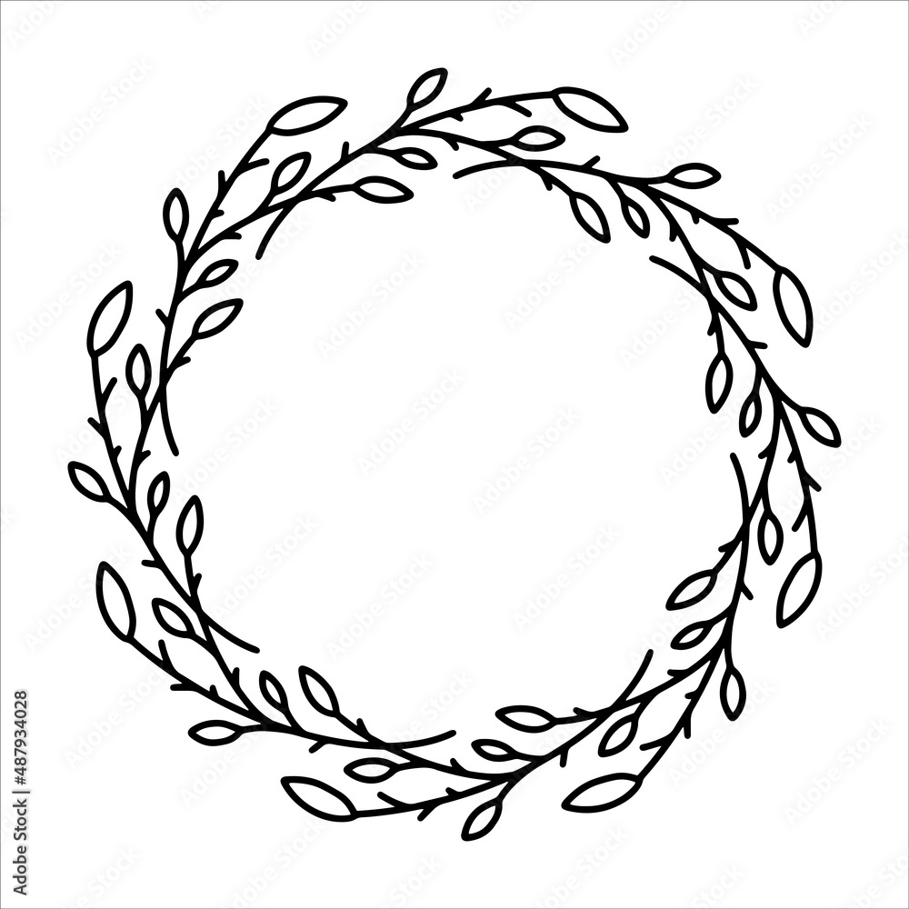 Vector hand drawn spring wreath isolated on white background. Outline circle of leaves. Doodle style. Floral frame. Vector hand drawn spring wreath isolated on white background. Outline circle of leaves. Doodle style. Floral frame.