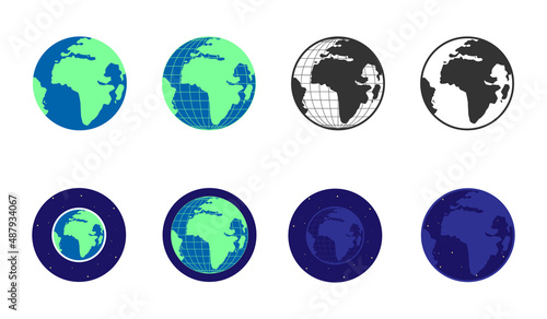 Set of eight earth planets in different styles, icons, stickers, logos. vector, in flat style.