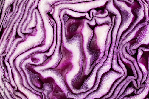 Red cabbage texture closeup. Cut red cabbage background top view.