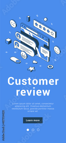 Customer review cyberspace service choice quality evaluation with followers comment mobile application isometric vector illustration. Client satisfaction rate feedback independent online opinion