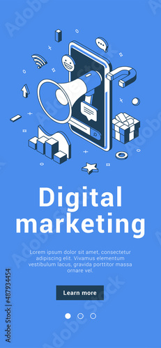 Digital marketing online advertising announce public promo campaign smartphone application isometric vector illustration. Social media content business advertisement with megaphone 3d template