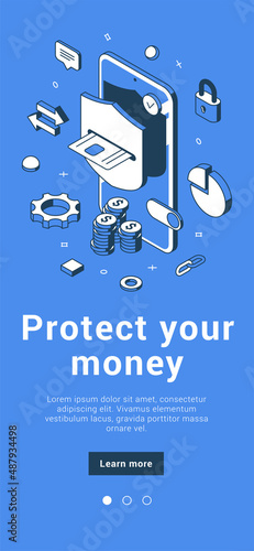 Protect your money internet banking mobile application isometric vector illustration. Bank credit card at smartphone shield guards personal information safety guarantee. Electronic wallet technology