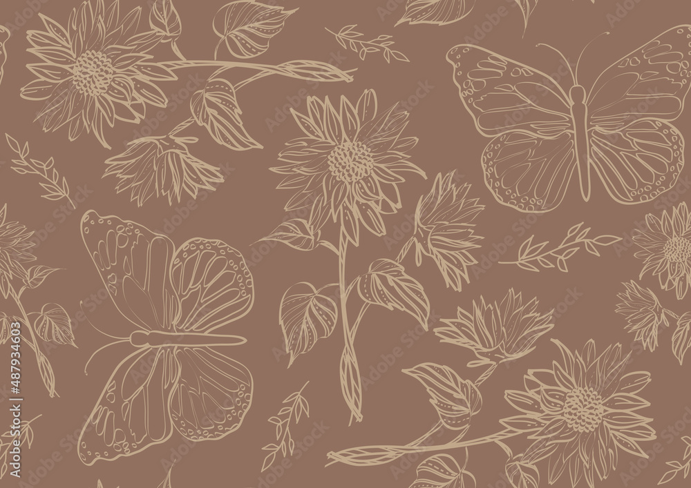 Obraz premium Seamless pattern with flowers and butterfly