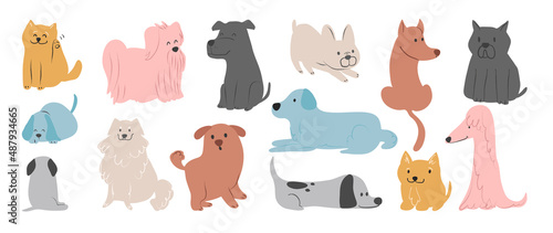 Set of cute dogs vector. Lovely dog and friendly puppy doodle pattern in different poses and breeds with flat color. Adorable funny pet and many characters hand drawn collection on white background.