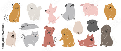 Wallpaper Mural Set of cute dogs vector. Lovely dog and friendly puppy doodle pattern in different poses and breeds with flat color. Adorable funny pet and many characters hand drawn collection on white background. Torontodigital.ca