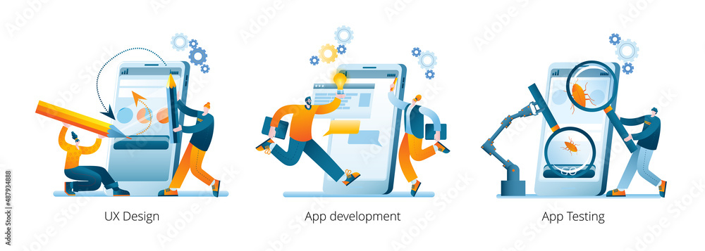 The development team is creating a mobile application. A set of vector illustrations on the development and testing of mobile applications. The development team is creating a mobile application. A set of vector illustrations on the development and testing of mobile applications.
