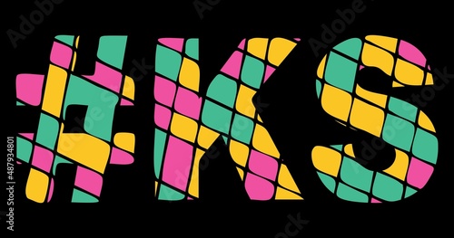 KS Hashtag. Tricolor isolated letters from contrast flowing fluid shapes. 3 colored Hashtag #KS is abbreviation for the US American state Kansas for social network, web resources, mobile app