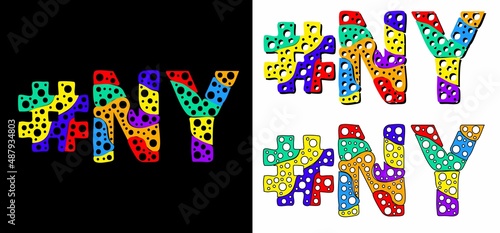 Hashtag #NY set. Multicolor bright funny cartoon colorful doodle bubble isolated text. Rainbow colors. Hashtag #NY is abbreviation for the US American New York for print, social network.
