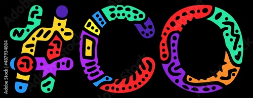 CO Hashtag. Multicolored bright isolate curves doodle letters. Hashtag #CO is abbreviation for the US American state Colorado for social network, web resources, mobile apps.