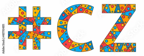 CZ Hashtag. Mosaic isolated text. Letters from pieces of triangles, polygons and bubbles. #CZ is abbreviation for the Czech Republic for print, clothing, t-shirt, poster, banner, flyer