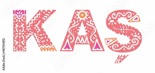 Kas. Isolated text with national ethnic ornament, folk pattern. Turkey Kas for folk design print, clothing, t-shirt, poster, banner, flyer. Stock vector picture.