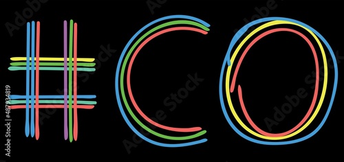 CO Hashtag. Multicolored bright isolate curves doodle letters. Hashtag #CO is abbreviation for the US America state Colorado social network, web resources, mobile app.