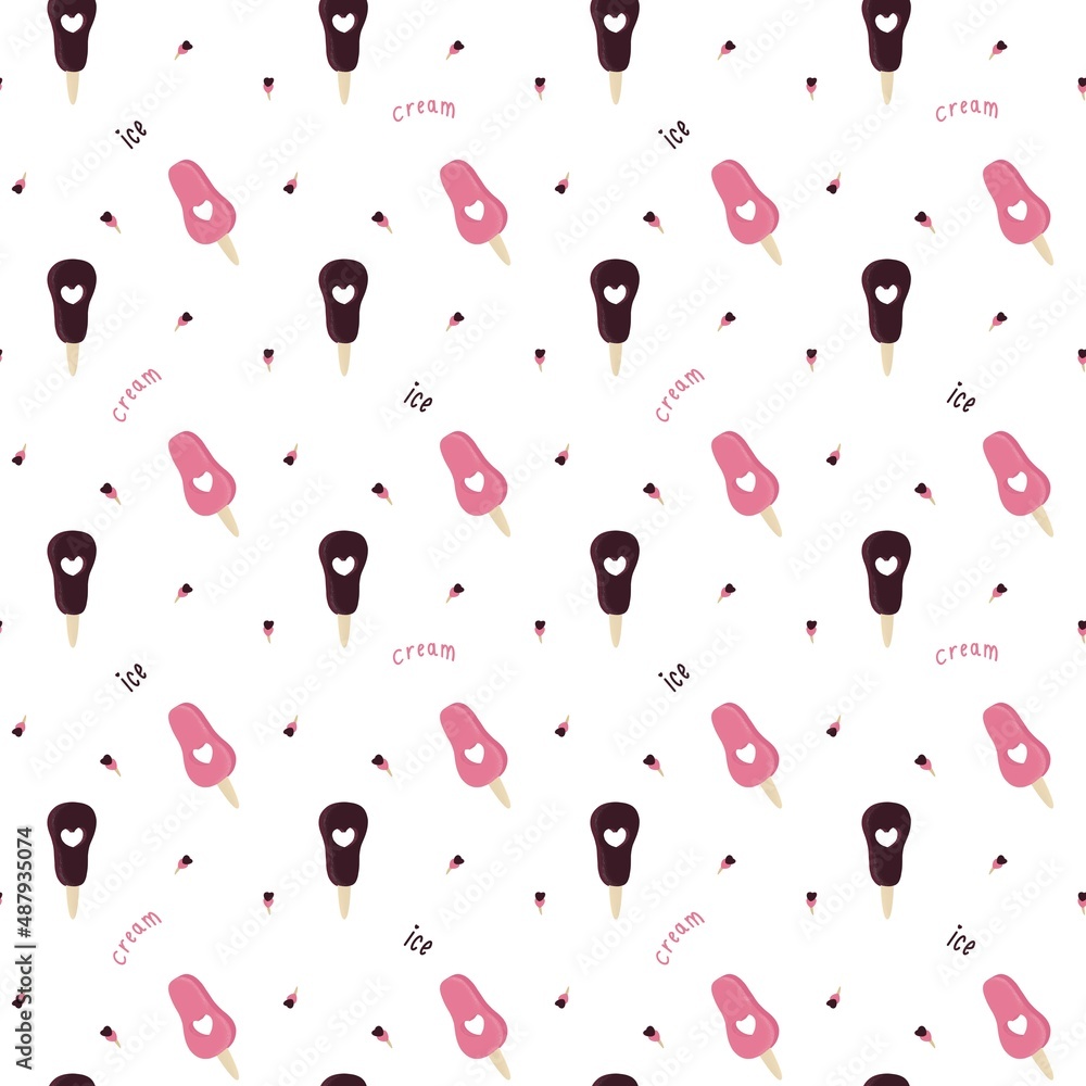A pattern of favorite popsicle ice cream chocolate and strawberry flavor on a white background. A pattern of favorite popsicle ice cream chocolate and strawberry flavor on a white background.