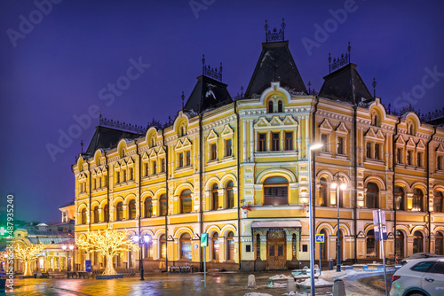 Profitable Tretyakov House on Kuznetsky Most in Moscow in the light of night lights