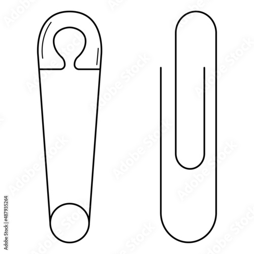 Hand drawn safety pin and paper clip. Office supplies.