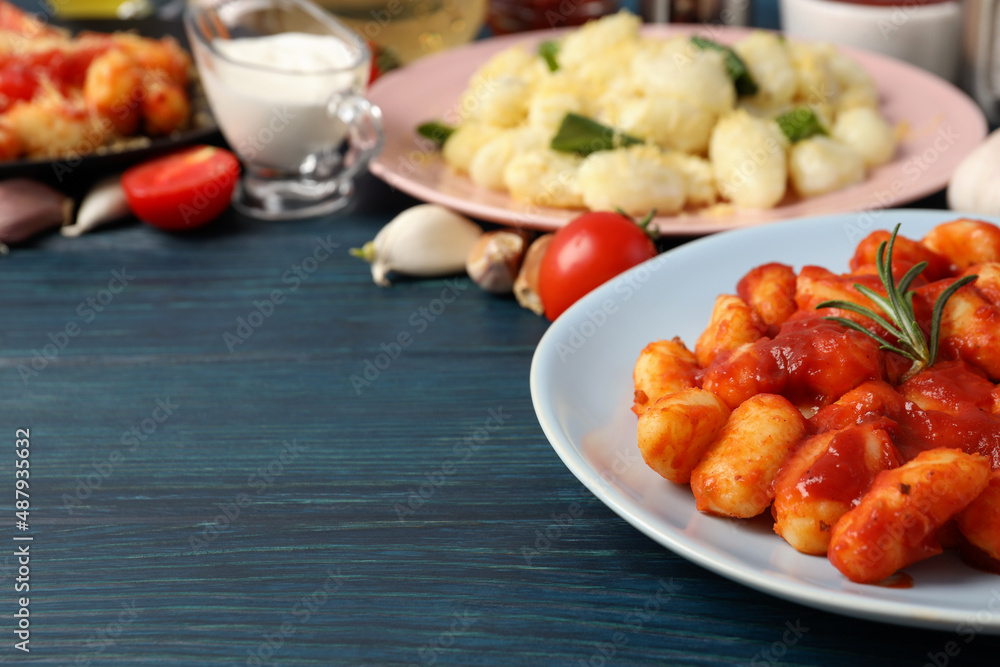 Concept of tasty food with potato gnocchi, space for text