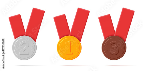 Set of gold, silver and bronze medals with red ribbons, 3d label tags