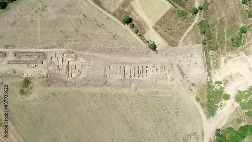 Archaeological excavation. Aerial view of the archaeological excavations and archaeologist camp. photo