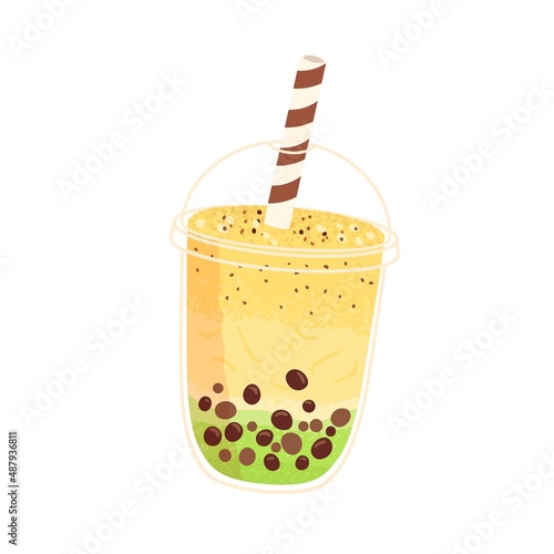 Bubble pearl milk tea with fruits flavors and boba balls. Asian drink in cup ...