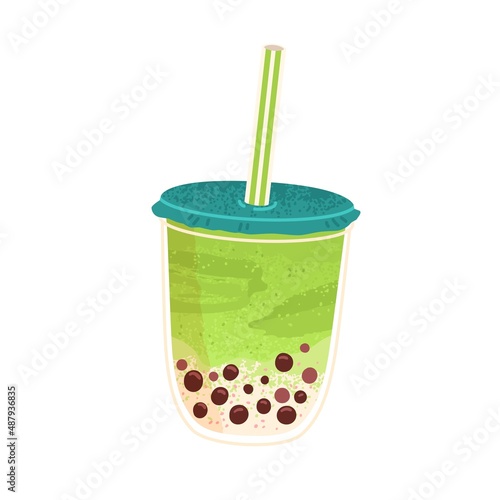 Bubble milk tea in cup. Asian pearl matcha drink with boba, tapioca balls. Fresh fruit bubbletea in glass with straw. Cold summer cocktail. Flat vector illustration isolated on white background