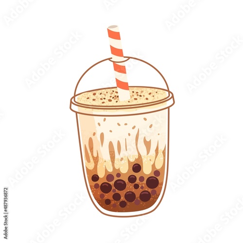 Bubble milk tea with coffee flavor and boba pearls in takeaway cup. Asian cold drink, bubbletea with tapioca. Milky coffe cocktail with straw. Flat vector illustration isolated on white background