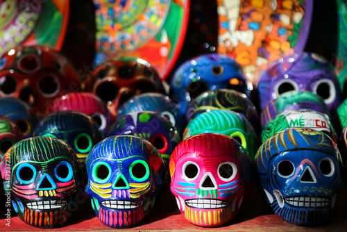 Traditional Mexican souvenirs. Multi-colored ceramic decorative skull.