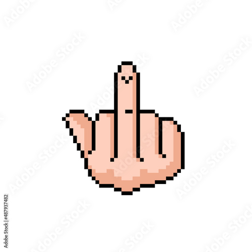 The middle finger hand drawn sign. Vector illustration of fuck you sign. Pixel art.
