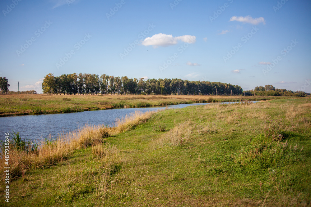 landscape. The largest lake. Blue sky with beautiful clouds. park in summer. Blue water in the river.