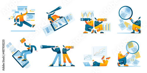 The characters are engaged in the search and processing of large amounts of information. A set of vector illustrations on the topic of surfing the Internet and working with big data.