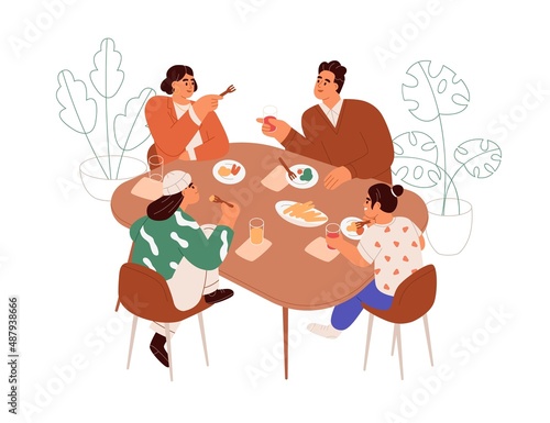 Happy family having meal, dinner at table. Parents and kids sitting and eating. Mother, father and children, boy and girl, talk at lunch together. Flat vector illustration isolated on white background